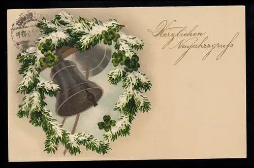 AK Nouvel An: Deux cloches dans la couronne de sapin avec trèfle chanceux, HAMBURG 31.12.17