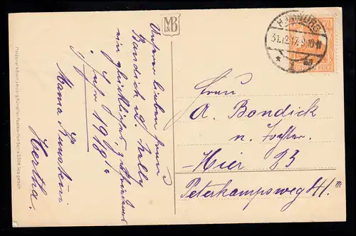 AK Neujahr: Zwei Glocken im Tannenzweigenkranz mit Glücksklee, HAMBURG 31.12.17