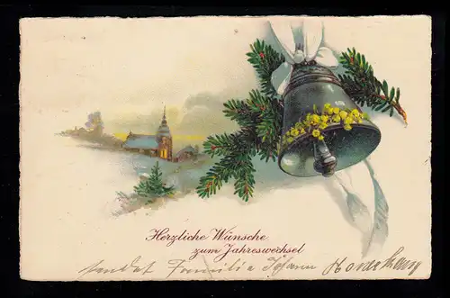 AK Neujahr: Geschmückte Glocke mit Landschaftsbild, um 1930