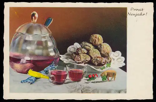 AK Neujahr: Silverstertisch mit Glücksbringer und Bowle, ungebraucht
