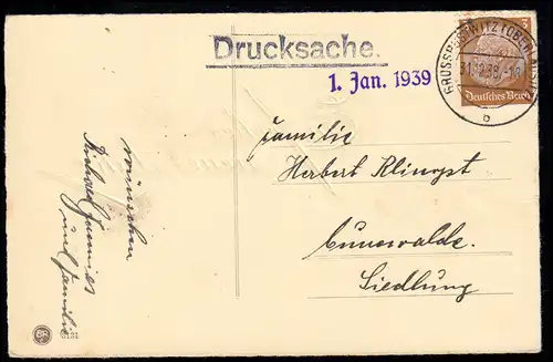 AK Neujahr: Glückwünsche rote Schleife, GROSSPOSTWITZ (OBERLAUSITZ) 31.12.1938