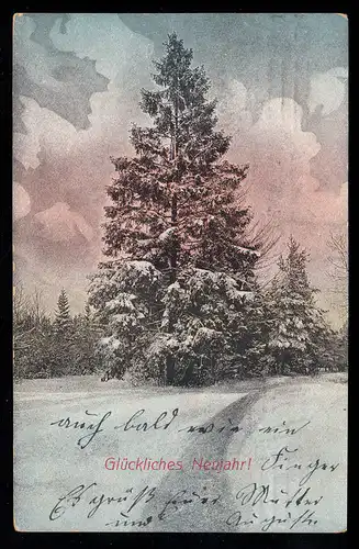 AK Nouvel An: Grand sapin dans le paysage hivernal, NÜRNBERG 9.1.1915
