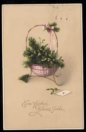 AK Nouvel An: Branches de sapins et baies dans le panier, BRNO / BRUNN 2.1.1914