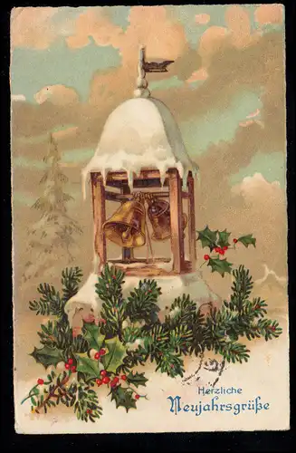Roumanie AK Nouvel An: L'église aux cloches de feuillage avec du vert de sapin, LUGOJ vers 1920
