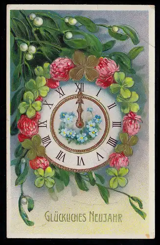 AK Neujahr: Silversterzeit 24 Uhr - Uhr mit Blumen-Girlande, gelaufen 1913