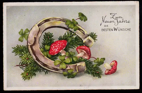 AK Nouvel An: Porte-bonheur - Fers à cheval Trèfle chanceux Champignons de mouche, GERA 29.12.1947