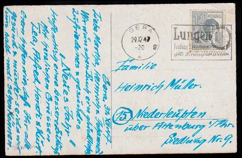 AK Nouvel An: Porte-bonheur - Fers à cheval Trèfle chanceux Champignons de mouche, GERA 29.12.1947