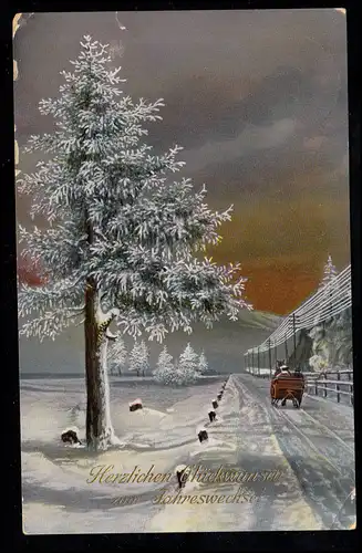 AK Neujahr: Landstraße Telegrafenleitunge Kutsche im Winter, HORN 30.12.1913