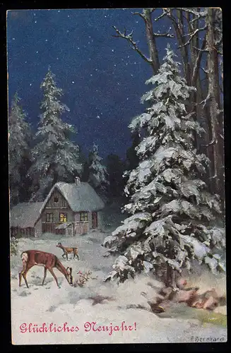 AK Neujahr: Waldlichtung im Winter mit Rehen bei Nacht, GEYER 2.1.1914