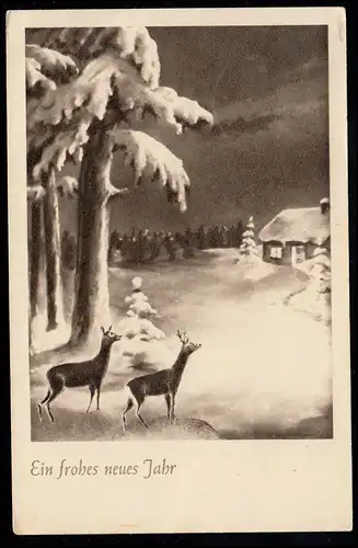 AK Neujahr: Waldesrand bei Nacht mit Rehen, WONGROWITZ 31.12.1940
