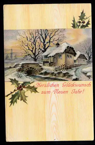 AK Neujahr: Dorfidylle am Fluss mit Brücke im Winter, STETTIN 30.12.1911