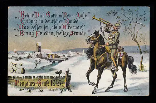 Militaria AK Neujahrsgruß 1915 Trompeter auf Pferd vor Winterkulisse ungebraucht