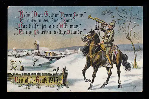 Militaria AK Salut du Nouvel An 1915 Trompeter sur cheval inutilisé avant la culture hivernale