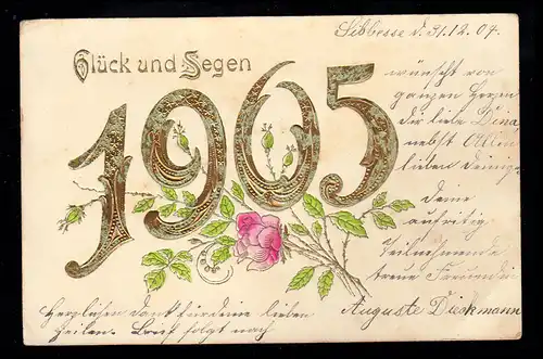 Präge-AK Neujahr: Vergoldete Jahreszahl 1905 Rosenzweig, SIBBESSE 31.12.1904