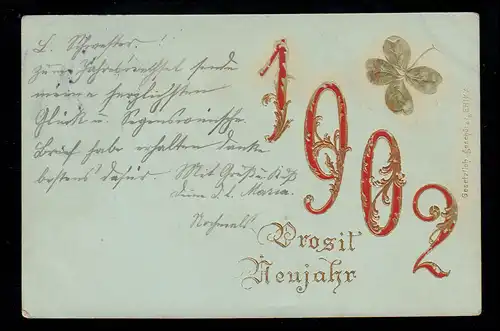 Präge-AK Neujahr: Jahreszahl 1902 Glücksklee, KALDENKIRCHEN (RHEINLAND) 31.12.01