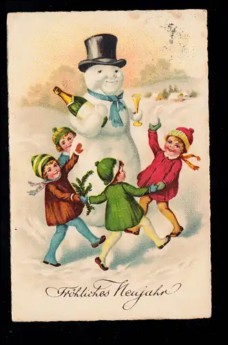 AK Neujahr: Kinder tanzen um Schneemann, OBERODERWITZ (OBERLAUSITZ) 31.12.1937 
