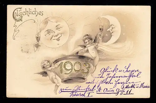 AK Nouvel An: Année 1903 pot de vin chaud avec Ange Lune Soleil, ZÜRICH 31.12.1902