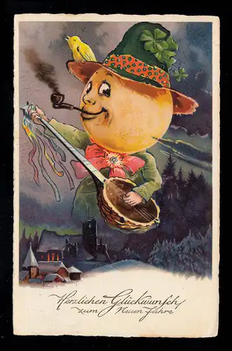 AK Nouvel An: La pleine lune fumante comme musicien avec le trèfle chanceux, BUNZLAU 31.12.1929