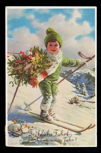 AK Neujahr: Lächelndes Kind auf Schneeschuhen mit Winterstrauß, SCHEIDEN 1931