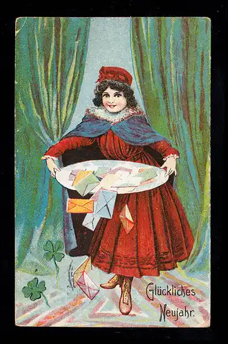 AK Neujahr: Mädchen mit Tablett voller Silvesterbriefe, FRIEDENAU 31.12.1911