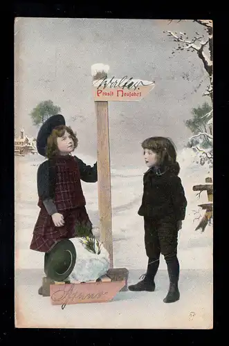 AK Neujahr: Zwei Mädchen am Wegweiser zum Neujahr, ALTONA 31.12.1907