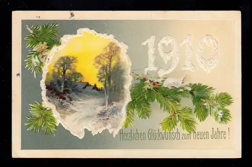 Nouveau Nouvel An: Paysage hivernal avec année 1910, KÜRBITZ 31.12.1909