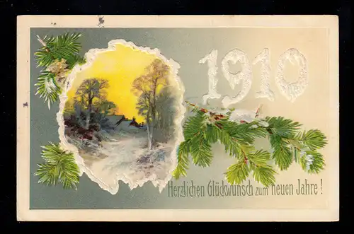 Präge-AK Neujahr: Winterlandschaft mit Jahreszahl 1910, KÜRBITZ 31.12.1909