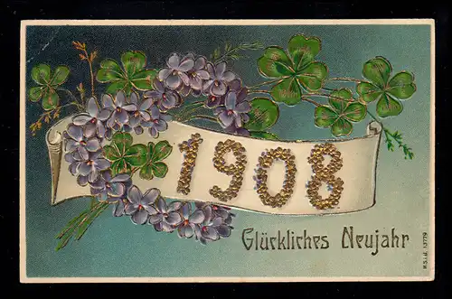 Nouvel An: année 1908 avec violette et trèfle chanceuse, WILLICH 31.12.07