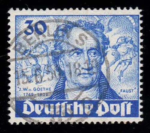 63I Goethe 30 Pf. mit PLF I Fleck vor J, BERLIN 15.6.50, Zähnungsmangel rechts