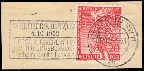 90 Vorolympiade 20 Pf. - Briefstück mit Werbestempel Welttierschutztag 4.10.1952