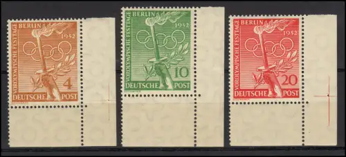 88-90 Vorolympiade 1952 - kompletter Satz als Ecke unten rechts, ungefaltet, ** 