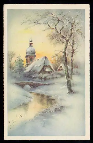 AK Neujahr: Winterlandschaft und Kirche Fluss Brücke Bäume, NORDENHAM 24.12.1942