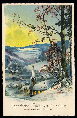 AK Neujahr: Talblick auf Dorf mit Kirche, Langenleuba-Niederhain 31.12.1930