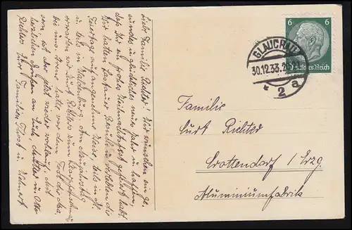 AK Nouvel An: Vue de la vallée sur le village en hiver, GLAUSAU 30.12.1933