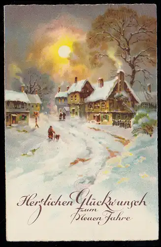 AK Neujahr: Winteridylle im Dorf bei Vollmond, REICHENAU / SACHSEN 31.12.1929