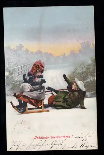 AK Noël: Deux filles - L'accident de traîneau, BAYREUTH d'après KULMBACH 1904