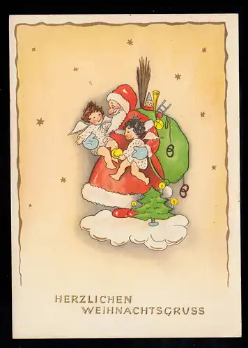 AK Noël: Père Noël avec deux anges sur les bras, LEUTHEN 1952