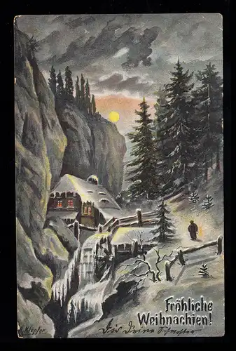 AK Weihnachten: Eingefrorene Wassermühle bei Vollmond, ELBING 23.12.1904 