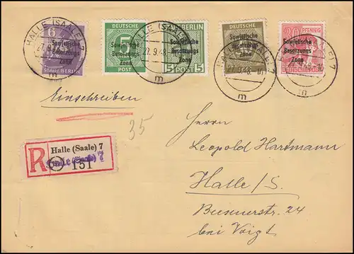 192ff SBZ-Aufdrucke mit 5 Werten auf Orts-R-Brief HALLE (SAALE) 7 - 27.9.1948