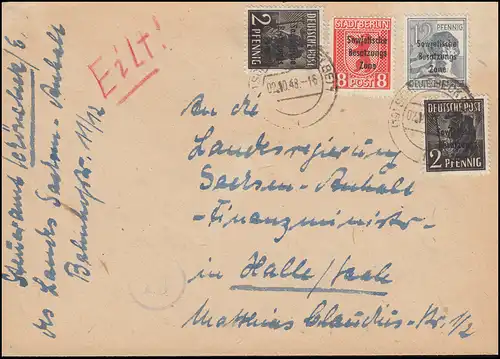 182+186+202A SBZ-Aufdrucke MiF Fernbrief SCHÖNEBECK 2.10.48 nach Halle/Saale