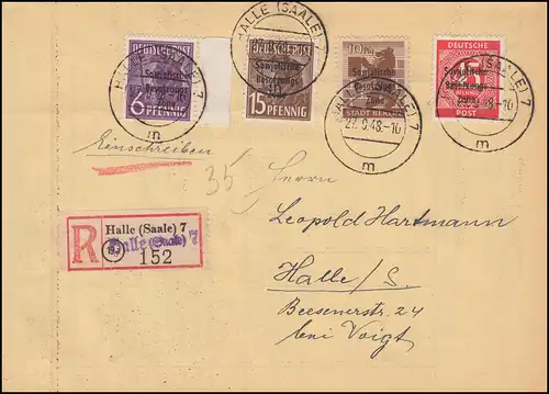 183+187+203A+209 SBZ-Aufdrucke MiF auf Orts-R-Brief HALLE (SAALE) 7 - 27.9.1948
