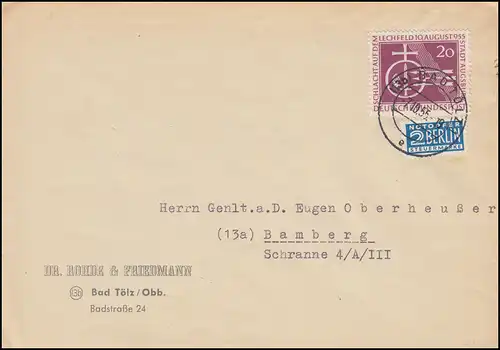 216 Bataille sur le champ de Lech avec des victimes d'urgence en tant qu'EF sur lettre BAD TÖLZ 7.10.1955