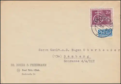 216 Schlacht auf dem Lechfeld mit Notopfer als EF auf Brief BAD TÖLZ 7.10.1955