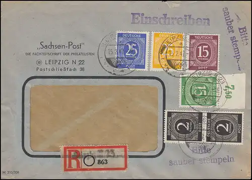 912 ff Kontrollrat Ziffern MiF mit 921+822 P OR ndgz auf R-Brief LEIPZIG 15.2.47