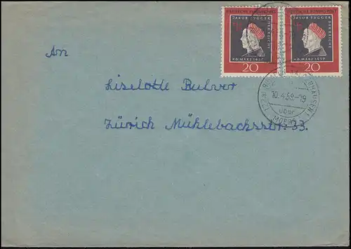 307 Fugger als MeF auf Auslandsbrief RUMELN-KALDENHAUSEN über MOERS 10.4.1959