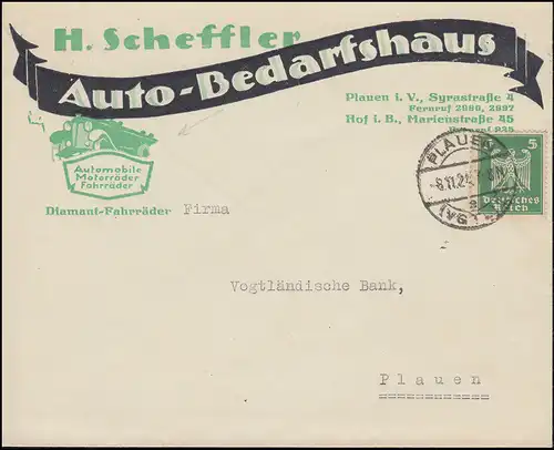 356 Reichsadler EF sur lettre locale Autohaus Scheffler PLOUMEN (VOGTL.) 8.11.1924