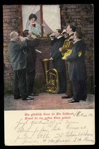 Lyrik-AK Das Bier als Belohnung - Musikanten am Fenster mit Gedicht, LÜBECK 1906