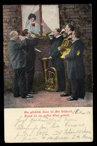 Lyrique AK La bière comme récompense - Musiciens à la fenêtre avec poème, LÜBECK 1906