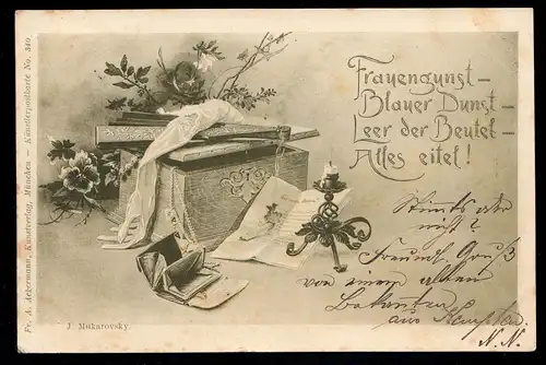 Portefeuille vide de poésie AK - Poème Femme Gunst, Funste bleue, KEMPTEN 1898