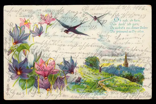 Lyrique AK paysage avec fleurs et hirondelles poème Salutations HÔPITAL DU NORD 30.1.1906